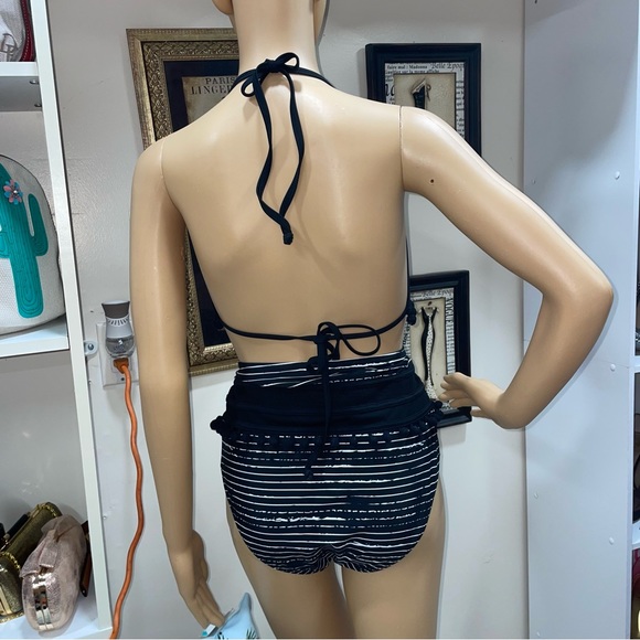 COCOSHIP Striped High Waist Bikini Set Tassel Trim Top Halter Straps Swimsuit - Picture 6 of 16
